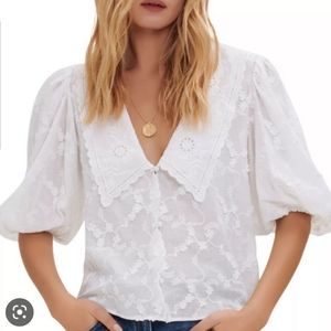Maje Coisa Embroidered Cotton Puff sleeve blouse